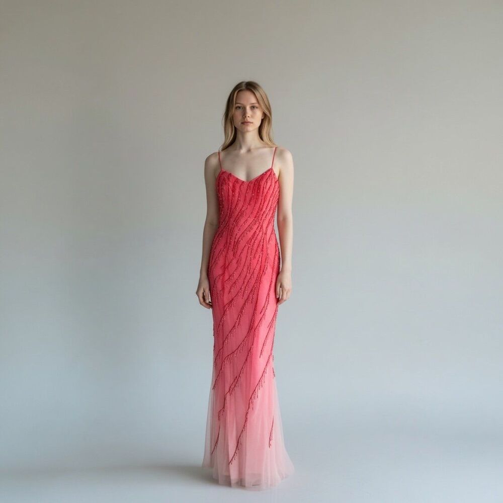Vintage Y2K Maxi Gown Womens M Pink Ombre Beaded Sequin